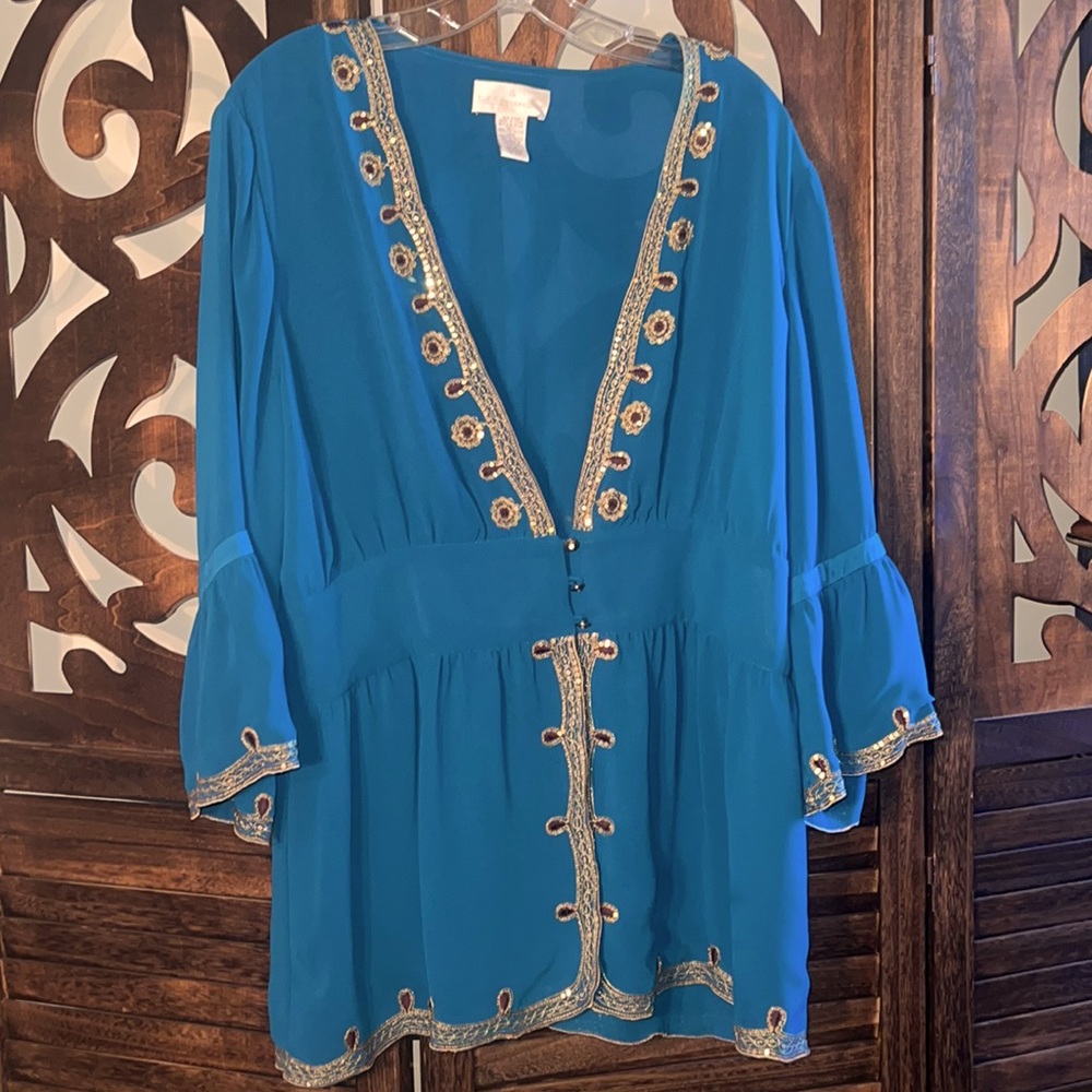 EUC Soft Surroundings XL teal blue, gold sequins & threading with bell sleeves.